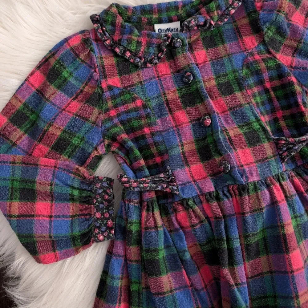 Vintage 1990s 90s Y2K Oshkosh Flannel Plaid Long Sleeve Kids Dress Size 4